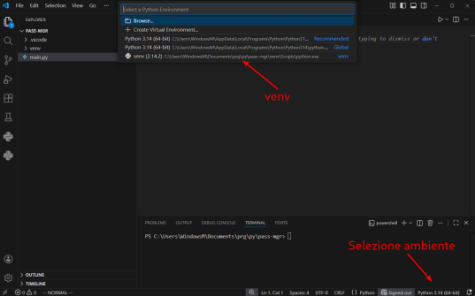 Caricamento venv in Visual Studio Code su windows